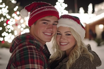 A young couple smiles brightly at the camera, standing in front of a backdrop of twinkling Christmas lights.