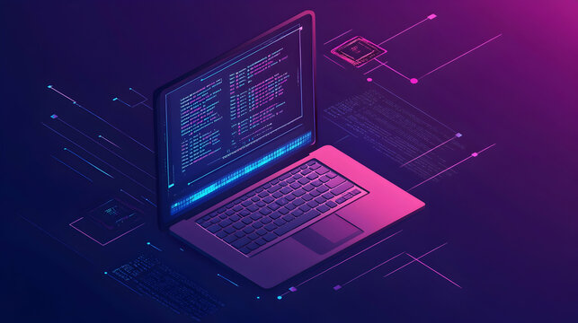 Programming concept  icon with a laptop displaying program code and data visualization elements  illustration  -