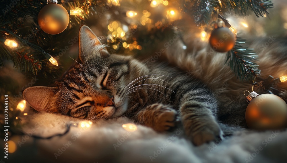 Canvas Prints A tabby cat sleeps soundly under a Christmas tree adorned with lights and ornaments.