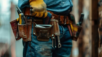 Close-up of a construction worker with a bag and tools kit worn on the waist. A maintenance worker with tools in a tools belt and artisan equipment.