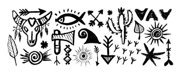 Set  with ancient  indian tribal esoteric doodles in style boho. Vector flat graphic design illustration. Isolated colored flat vector boho symbols illustrations. 