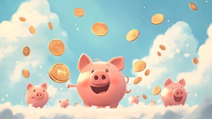 Happy Piggy Bank Flying Among Clouds with Golden Coins