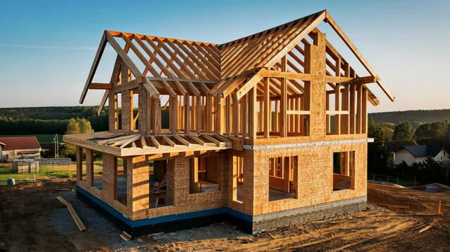 Suburban home under construction with wooden frame and scaffolding