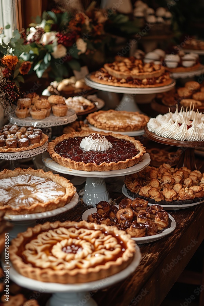 Sticker A table filled with delicious pies, tarts, and pastries.