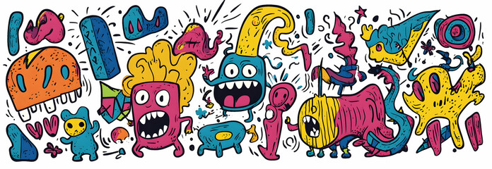 Set of funky groovy elements featuring cartoon characters and cute doodles for decorative purposes-