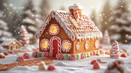 A gingerbread house with candy decorations and a candy tree in front of it