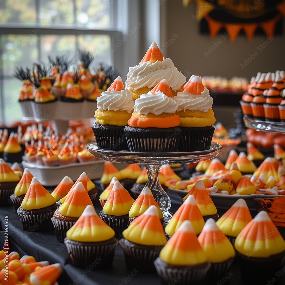 Wall mural A table full of Halloween cupcakes and candy corn.