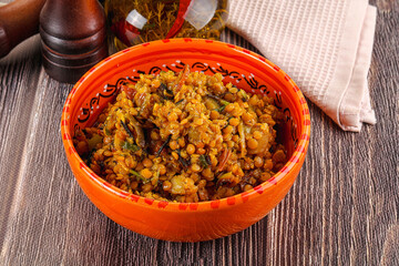 Vegan garnish - lentil with vegetables