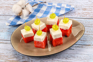 Watermelon with feta and grape