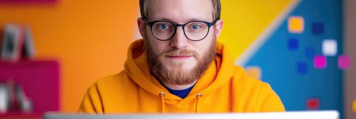 Young man working on a computer in a colorful workspace during daytime hours