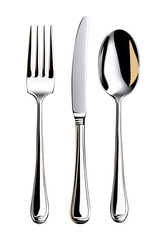 Elegant stainless steel cutlery set isolated on transparent background, png
