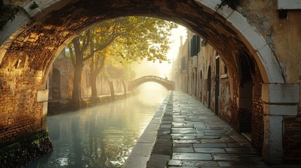 Fototapeta premium A Stone Bridge Over a Canal in Venice, Italy with Mist and Golden Light