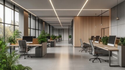 Modern, open-plan office space with large windows, wooden accents, and plants.