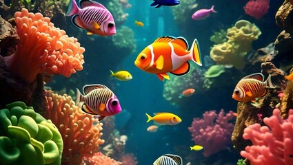 Underwater world with corals and tropical fish wallpaper background high quality image 4k hd 16:9 YouTube thumbnail 