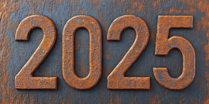 Rusty metal numbers 2025 on textured surface.