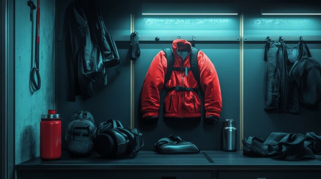 Red Jacket and Gear Hanging in a Locker Room
