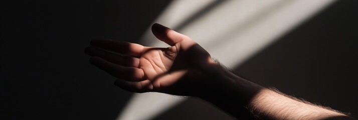 A hand extends into a stream of light against a shadowed background, symbolizing hope, guidance, and curiosity in the beauty of discovery and touch.