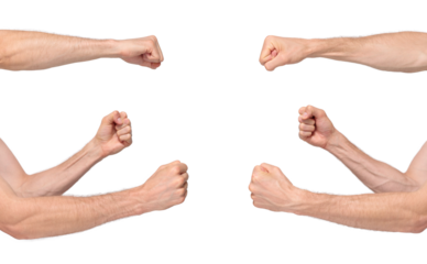 Male fists in a position of defense and attack isolated on transparent background, png file	