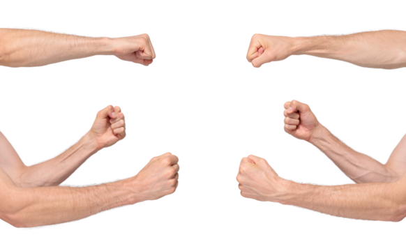 Male fists in a position of defense and attack isolated on transparent background, png file	