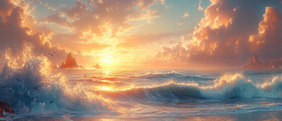 Fototapeta premium Dramatic Sunset Over the Ocean with Golden Clouds and Waves