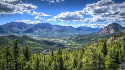 Majestic mountain ranges with vast forests and rivers stretching across the American wilderness