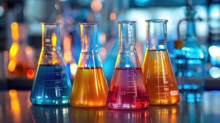 Vibrant Laboratory Flasks with Colorful Solutions
