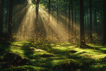 Obraz premium Enchanted Forest: Sunbeams and Fireflies