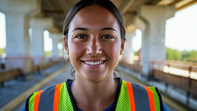 Native American female construction worker smiling with safety vest near bridge construction