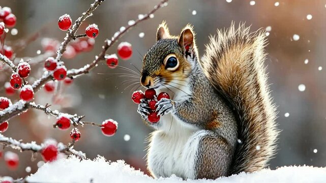 A squirrel enjoys a snack of red berries in the snow on a cold winter day