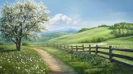 Photograph of beautiful English countryside with stone farmhouse and garden, grassy hills, wooden fence, dramatic sky, sunlight shining through clouds
