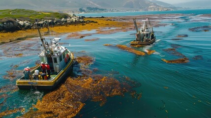 Obraz premium Coastal Fishing Boats Navigating Seaweed-Laden Waters