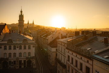 Fototapeta premium Panoramic aerial view on Lviv from drone