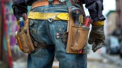 Close-up of a construction worker with a bag and tools kit worn on the waist. A maintenance worker with tools in a tools belt and artisan equipment.