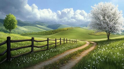 A peaceful scene of a wooden fence winding through a grassy field, with rolling hills and lush greenery in the background. It symbolizes tranquility, nature, rural life, open space, and escape
