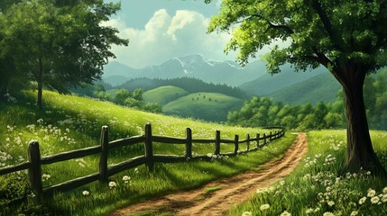 Photograph of beautiful English countryside with stone farmhouse and garden, grassy hills, wooden fence, dramatic sky, sunlight shining through clouds
