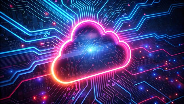 futuristic neon cloud symbol representing cloud computing technology, glowing in vibrant colors.