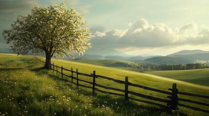 Fototapeta premium Fenced pasture tree grassy hills background phone natural landscape beauty blossoming path heaven greens wall 