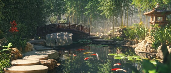 A tranquil Asian garden with koi ponds, stone bridges, and bamboo groves