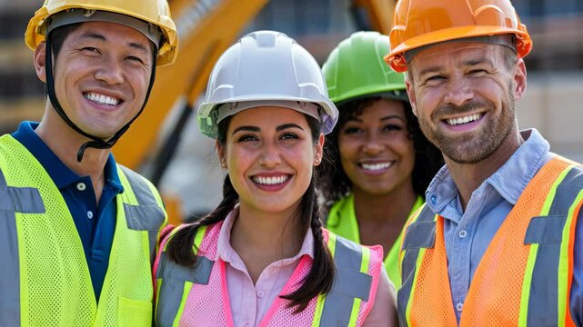Diverse small group of construction workers smiling together at job site