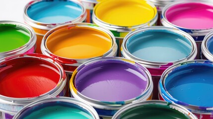 Fototapeta premium Vibrant Open Paint Cans Displaying Various Colors
