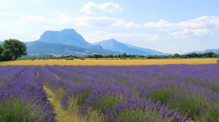 Fototapeta premium The vast beauty of lavender fields in Provence with mountains in the distance