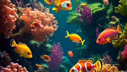 Underwater world with corals and tropical fish wallpaper background high quality image 4k hd 16:9 YouTube thumbnail 