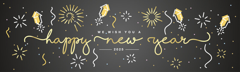 Happy new year 2025 eve line design handwritten typography lettering. 2025 celebration with big golden fireworks and confetti on a black background