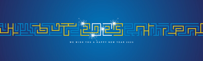 Happy New Year 2025 sparkle firework cyberspace abstract high technology modern 2025 typography with yellow white light blue continous labirinth mystic pattern on blue background