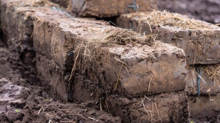Fototapeta premium Stacked Mud Bricks on Construction Site