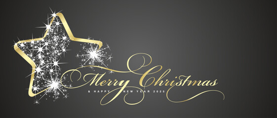 Merry Christmas and Happy New Year 2025 greeting card. Beautiful golden light elegant brush script calligraphy typography. Golden white glitter sparkle Christmas star ornament on black background