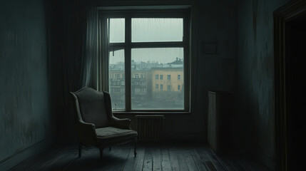 Gloomy Room with Vintage Chair and Rainy City View 