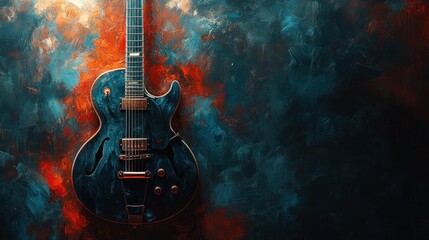 A black electric guitar against a vibrant blue and red painted wall with a smoky effect.