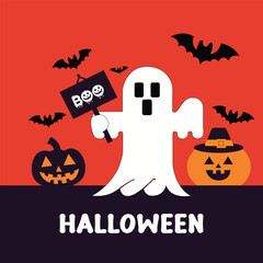 Happy Halloween Background With Pumpkin, Bat And Ghost Orange Background