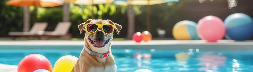Cheerful dog in neon sunglasses, sitting by the pool with colorful tropical umbrellas and beach balls scattered around Dog with beach balls, tropical fun, poolside joy